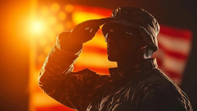 Silhouette of soldier saluting in front of American flag