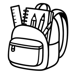 Black and white outline vector illustration of a school backpack brimming with essential learning supplies including a ruler, spiral notebook, pencil, and pen, ideal for back to school, education, stu