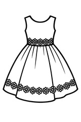 Sleeveless A-line dress line art, adorned with delicate floral patterns at waist and hem. Perfect for children's party dresses, flower girl gowns, special occasions. Ideal for coloring pages, printabl
