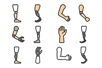 Diverse set of prosthetic arm and leg illustrations showcasing various styles and functionalities.