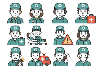 Fototapeta premium Cartoon medical professionals and emergency icons in various scenarios.