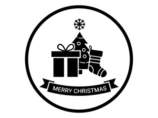 Obraz premium Merry Christmas Tree, Gifts, and Snowflake Holiday Badge Icon