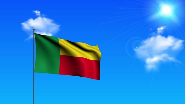 Realistic Standing Vertical BENIN Wavy Flag on Metallic Pole with Loop Animation