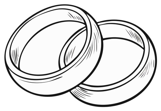 Two interlocking wedding rings drawn in a simple outline style with hatching for texture