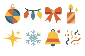 Holiday Icons Collection. Holiday Sparkle in geometric flat style: ornament, light garland, ribbon bow, candlelight, glowing star, snowflake, bell, confetti