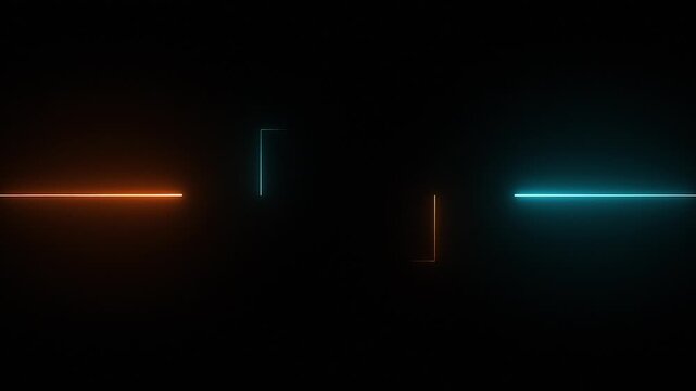 Orange and cyan neon lights digital animation, Rectangular flashing with slow motion effect Animation. Neon Lines Gradually Appearing in A rectangle Frame. Glowing neon line light Black Background .