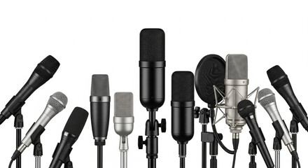 Professional array of diverse studio microphones ready for broadcast interviews and high quality audio recording sessions