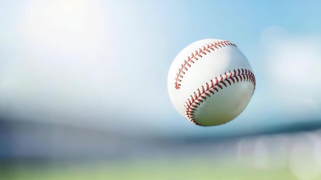 A baseball is in the air, and it is white and red. The ball is flying through the air, and it is a sunny day