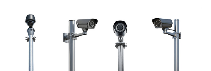 Set of Black CCTV Security Cameras on Poles, Isolated on white background with Oil Paint Texture (PNG)