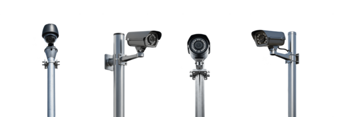 Set of Black CCTV Security Cameras on Poles, Isolated on white background with Oil Paint Texture (PNG)
