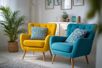 Colorful modern armchairs in cozy living room