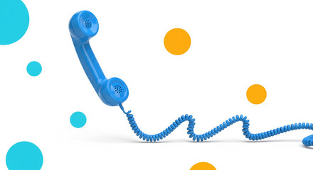 Vibrant blue vintage telephone receiver hangs suspended above white surface with colorful floating circles