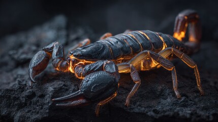 A mesmerizing scorpion glows softly against dark rocks as twilight settles over the landscape.