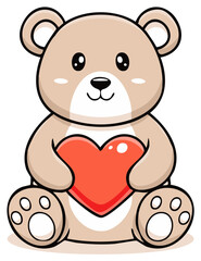 Obraz premium Cute cartoon teddy bear holding a red heart with a friendly expression and big eyes