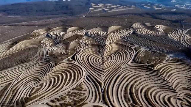 This stunning video showcases breathtaking aerial footage of intricate patterns carved into the landscape. The mesmerizing waves and heart-shaped designs highlight the beauty of nature and human creat