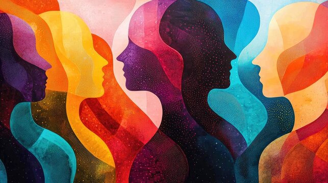 Abstract art of multiple colorful human silhouettes symbolizing connection, empathy, and collective thought AI Generative