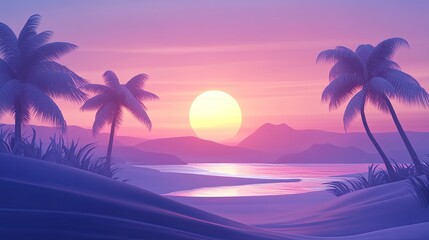 An idyllic sunset scene with palm trees and a tranquil ocean view. The warm sunlight casts a beautiful glow on the landscape AI Generative