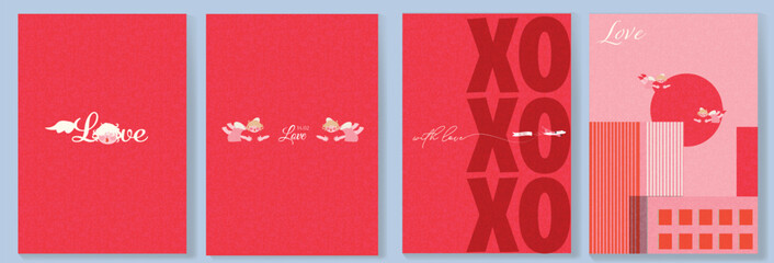 Naklejka premium Bright red Valentine collection featuring cute cupids, playful Love typography, airplane flying over cityscape. Great for posters, cards, branding, packaging and social media visuals.