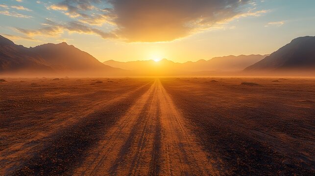 A breathtaking desert landscape at sunset, featuring a road stretching into the horizon. The warm colors of the sky contrast beautifully with the earthy tones of the terrain.