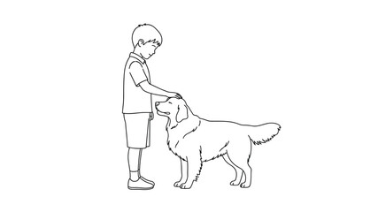 A charming line drawing depicts a young boy tenderly interacting with a golden retriever