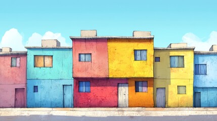 Brightly painted houses in various colors stand in a row, each with unique windows and doors, under a clear blue sky with a few clouds