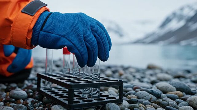Environmental research scientist collecting water samples in test tubes from outdoor body of water in cold landscape