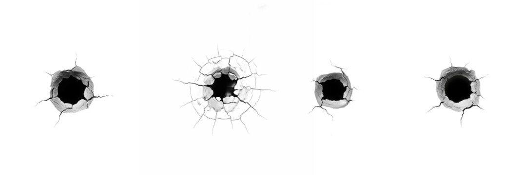 Set of Black Bullet Holes with Shattered Glass Effect, Isolated on white with Oil Paint Texture (PNG)