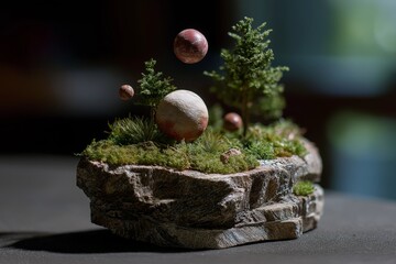 Miniature floating island with trees and planets