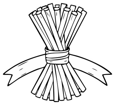 Line art illustration of a bundle of sticks or straws tied together with a decorative ribbon