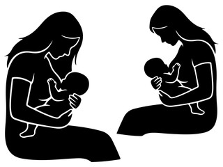 Mother Breastfeeding Infant Child Black Silhouette Icons