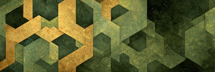 islamic geometric design, a subdued palette of dark moss green and antique gold creates an intricate islamic tile pattern with a large, clean, rectangular empty block for text
