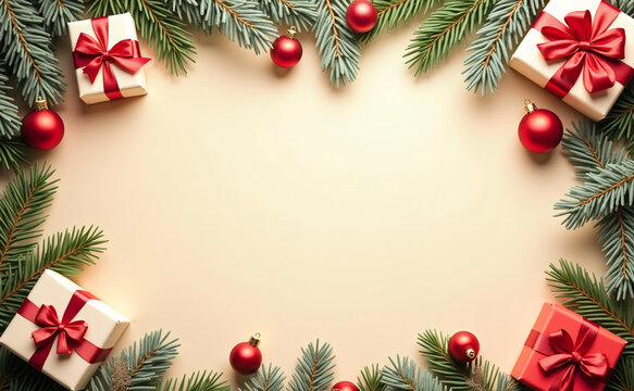 Christmas frame of fir tree branches, balls, and holiday decorations, with green border