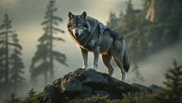 Majestic gray wolf standing proudly on a rocky outcrop in a misty forest