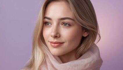 Naklejka premium A close up portrait of a young blonde woman looking sideways with a light pink scarf around her neck