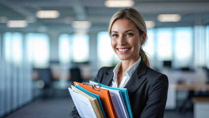 Smiling businesswoman holding files in modern office setting