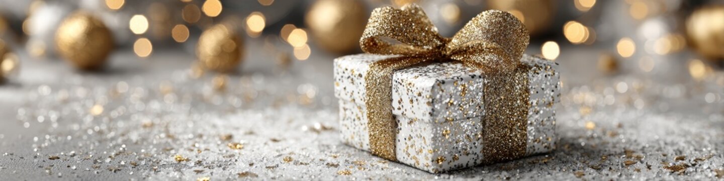 Luxury holiday gift concept with elegant white and gold present box, festive sparkle, and copy space for seasonal marketing or celebration campaigns