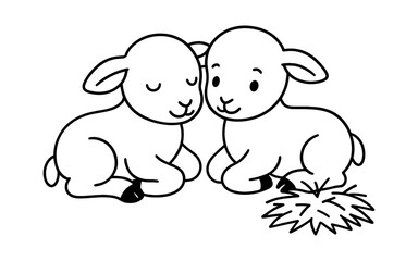 Fototapeta premium Cute lambs in minimal line art style resting peacefully in nature