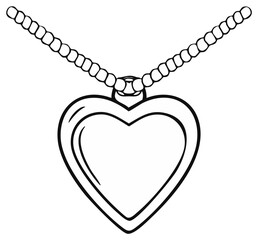 Heart shaped locket on a beaded chain, simple line art illustration for coloring page