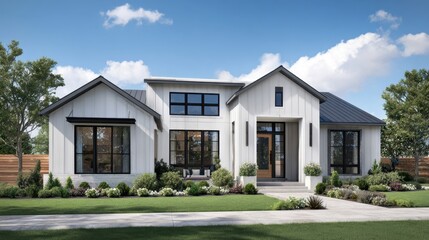 Newly designed farmhouse features a spacious front yard with vibrant greenery and stylish facade.