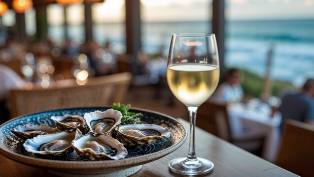 Fresh oysters and white wine at a restaurant overlooking the ocean