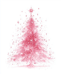 Fototapeta premium Sapin de noël rose scintillant en particules lumineuses avec étoile supérieure sur fond blanc épuré dans une composition festive pour visuels saisonniers noël fêtes de fin d’année et communication déc