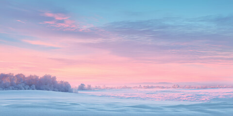 Fototapeta premium Winter nature background with soft pink sky over snowy fields, pastel cold-warm harmony, smooth gradients