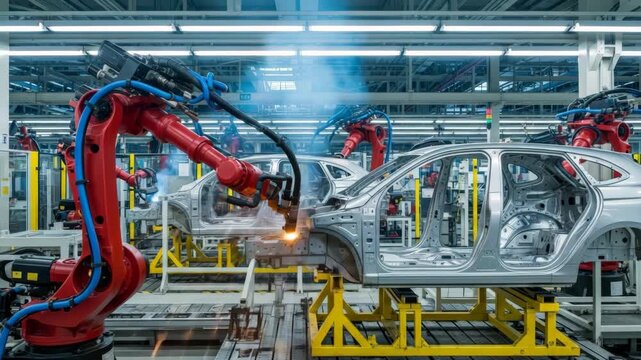Time lapse of automated car manufacturing factory with robotic arms welding vehicle chassis. Industrial assembly line production concept