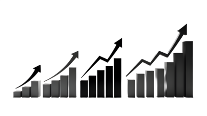 Three different styles of 3d rendering black and white bar charts showing increasing growth on transparent background