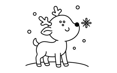 Cute outline reindeer with snowflakes: whimsical winter animal cartoon for coloring