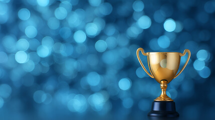 Corporate award trophy on podium with spotlights, abstract bokeh background, professional achievement