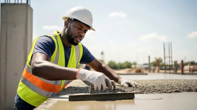 Construction worker refining freshly poured concrete with a hand float. African American laborer evening out a cement surface at a bright construction site.