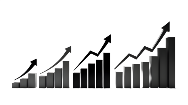 Three different styles of 3d rendering black and white bar charts showing increasing growth on transparent background - Powered by Adobe