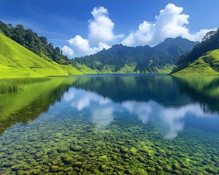 Crystal clear lake nestled between verdant hills on a sunny day.