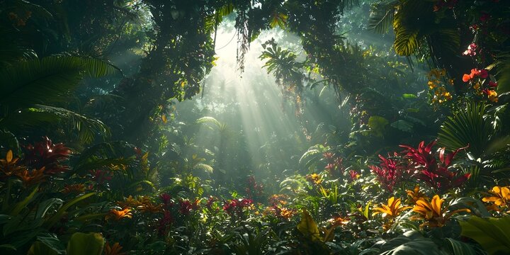 A vibrant tropical jungle scene bathed in soft sunlight, showcasing a lush canopy of diverse green foliage and colorful flowers, evoking a sense of tranquility and natural beauty.